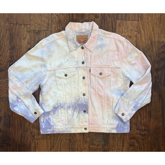 Levi's Denim Ex-Boyfriend Women Trucker Jacket Pink & Purple Tie Dye Size XL - Picture 1 of 9